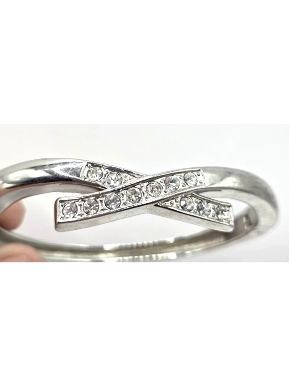 Crystal-Accented Silver-Tone Hinged Bangle Bracelet With X Design